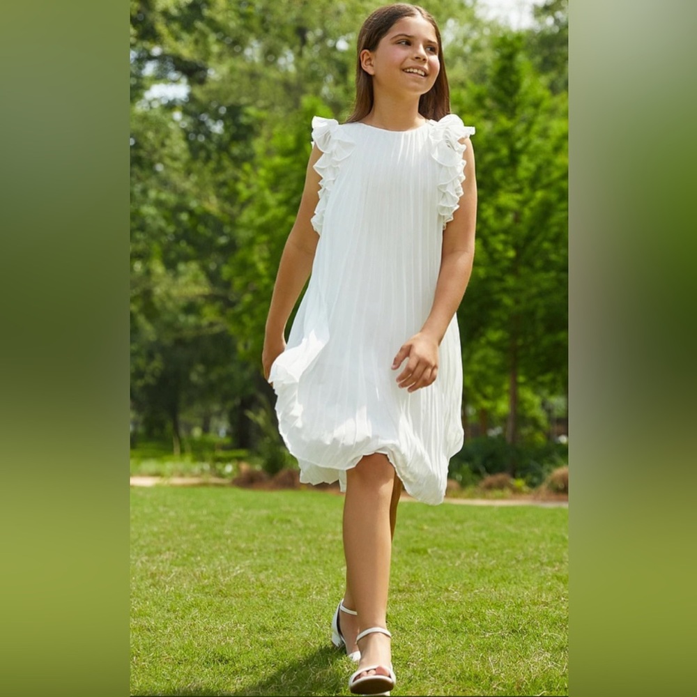 GB Girls White Pleated Sleeveless Plissé Ruffle Dress Size L (12/14) NWT